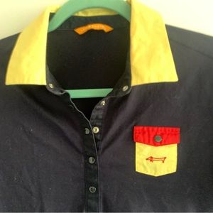 Louis Castel size med navy blue, yellow, red golf shirt w/ dachshund monogram